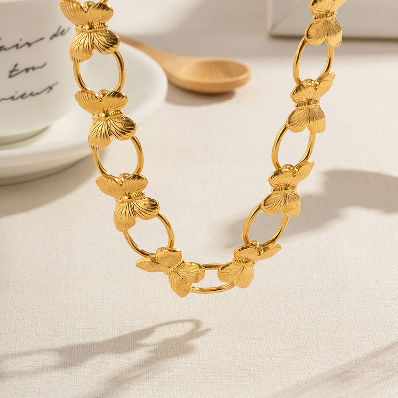 18K Gold Plated Alternating Butterfly & Ring Polished Collar Necklace