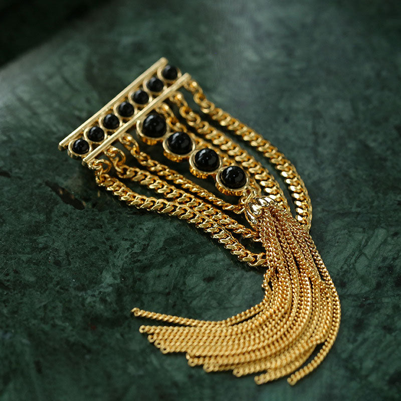18K Gold Plated Black Onyx Multi Strand Fringe Curb Chain Brooch