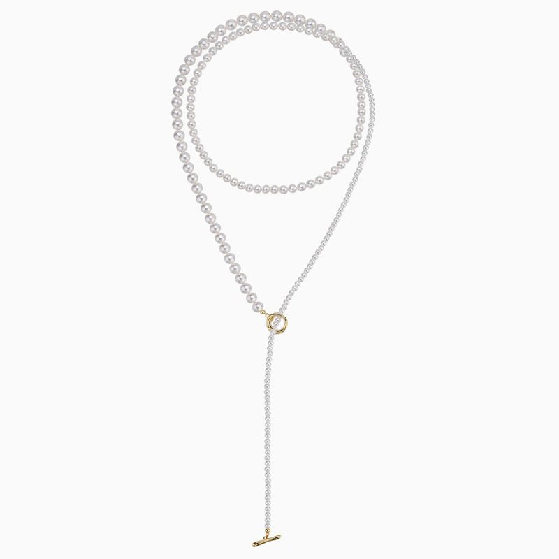 18K Gold Plated End To End Wrapped Gradient Crystal Pearl Lariat Necklace