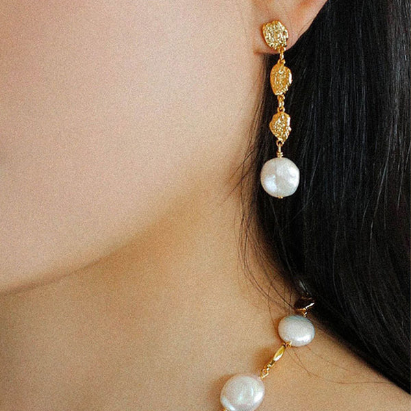18K Gold Plated Hammered Dot Natural Baroque Pearl Long Drop Earrings
