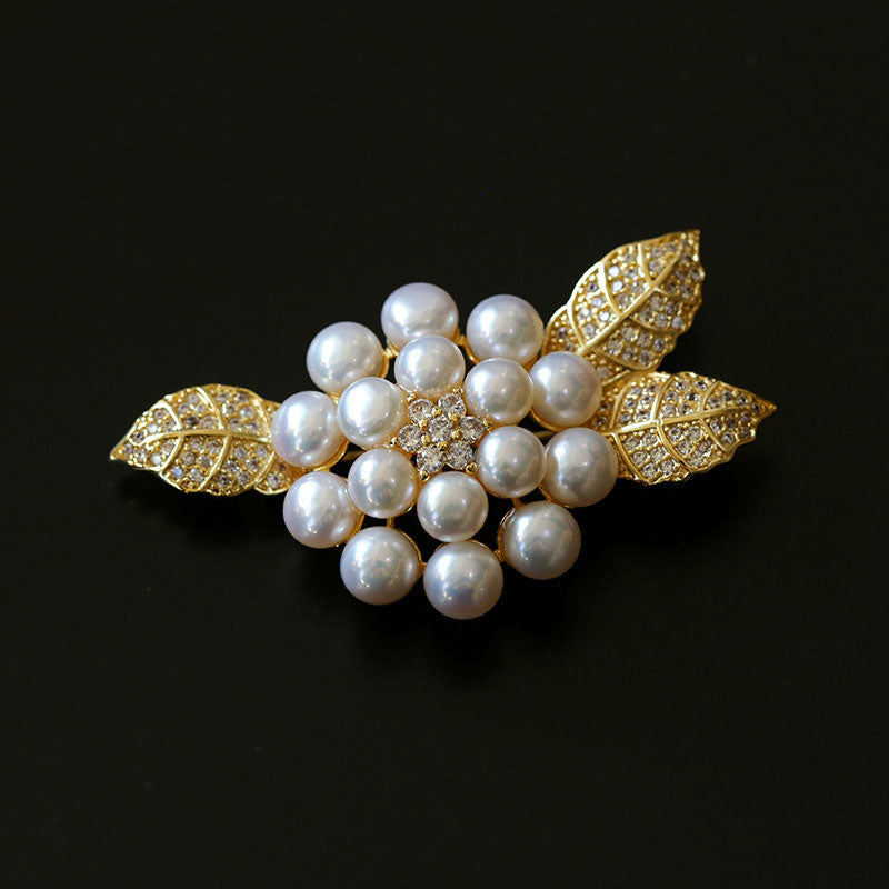 18K Gold Plated Leaf Cubic Zirconia Freshwater Pearl Bouquet Brooch