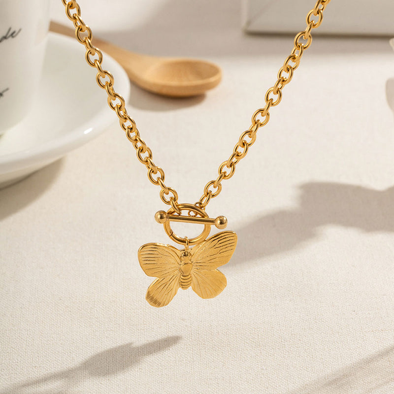 18K Gold Plated Polished Butterfly Toggle Pendant Cable Chain Necklace