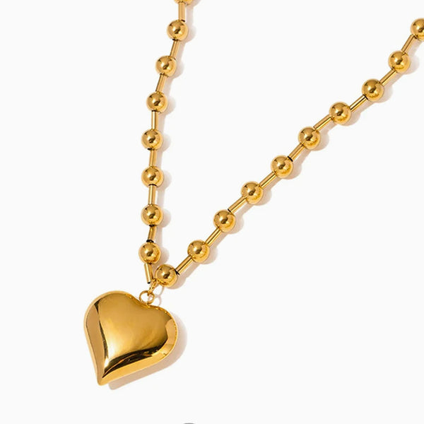 18K Gold Plated Puffed Heart Pendant Bead Station Column Choker Necklace