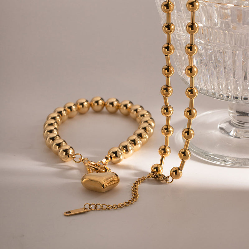 18K Gold Plated Puffed Heart Pendant Bead Station Column Choker Necklace