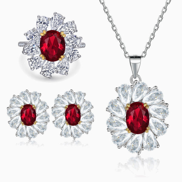 18K Gold Plated Ruby Cubic Zirconia Flower Halo Sterling Silver Jewelry Set