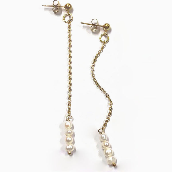 18K Gold Plated Two Tone Cable Chain Baroque Pearl Drop Linear Earrings