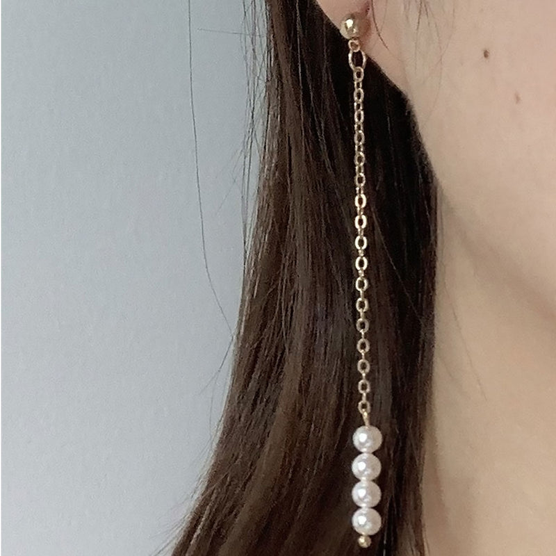 18K Gold Plated Two Tone Cable Chain Baroque Pearl Drop Linear Earrings