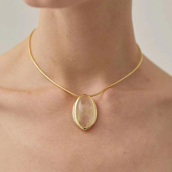 18K Plated Round Snake Chain Bolo Rutilated Quartz Pendant Necklace