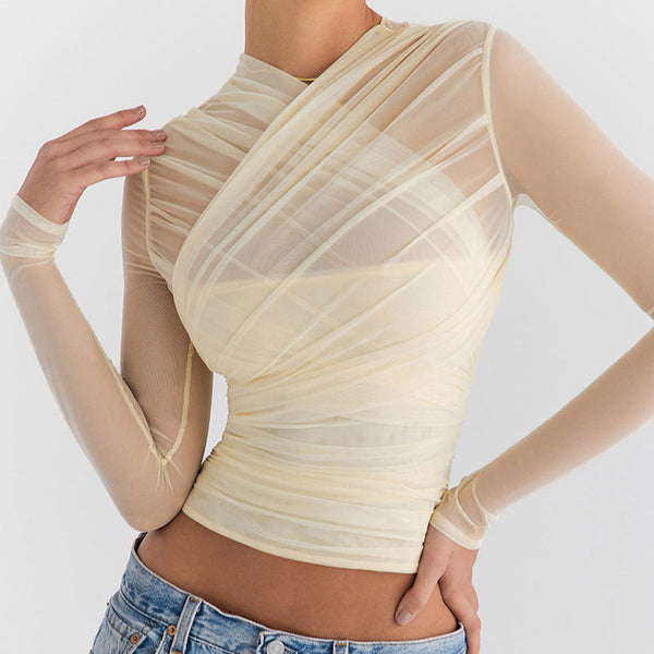 Sexy V Neck Semi Sheer Long Sleeve Ruched Cropped Layered Mesh Top
