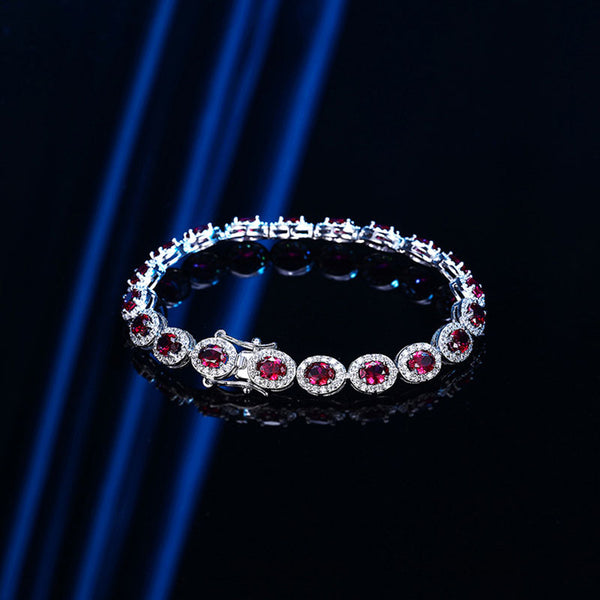 Alluring Rhodium Plated Sterling Silver Bezel Ruby Halo Tennis Bracelet