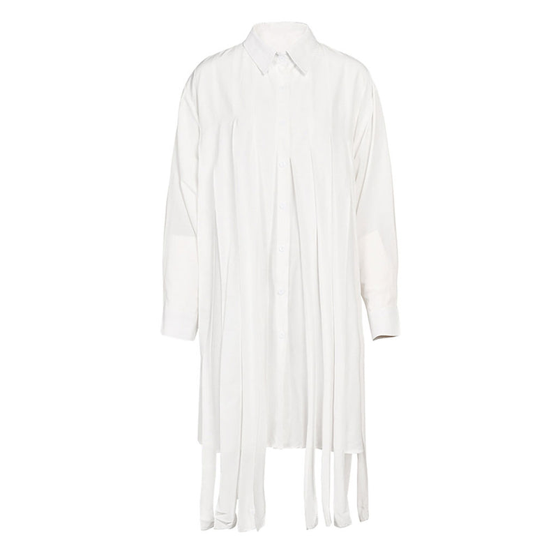 Artistic Pointed Collar Long Sleeve Pleated Fringe Deconstructed Midi Shirt Dress