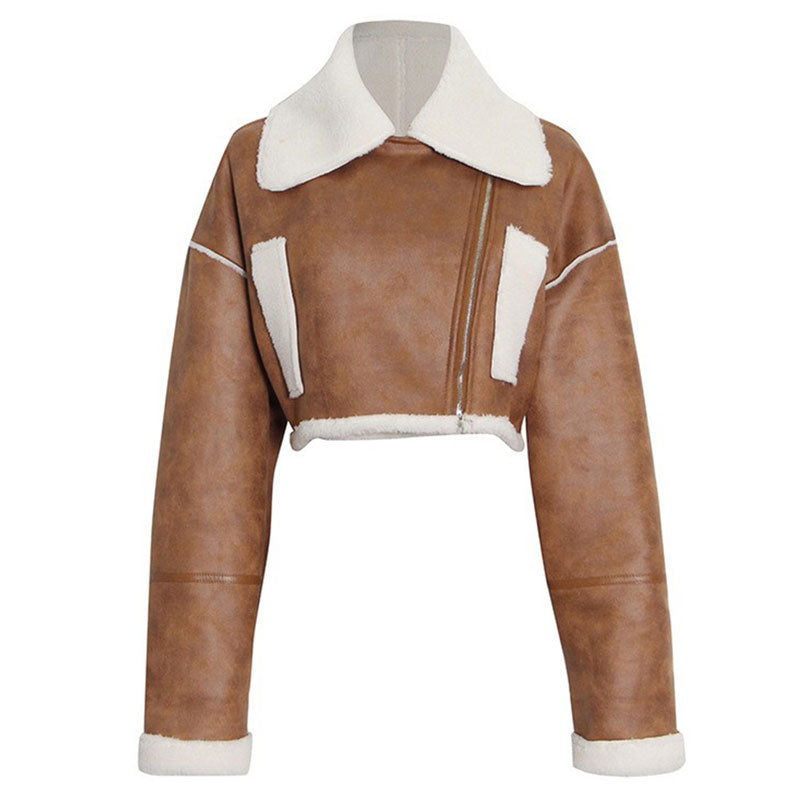 Aviator Collared Zip Up Drop Shoulder Cropped Leather Faux Shearling Jacket