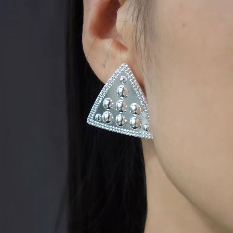 BACK TO 19C Metallic Rhodium Plated Mini Balls Triangle Stud Earrings