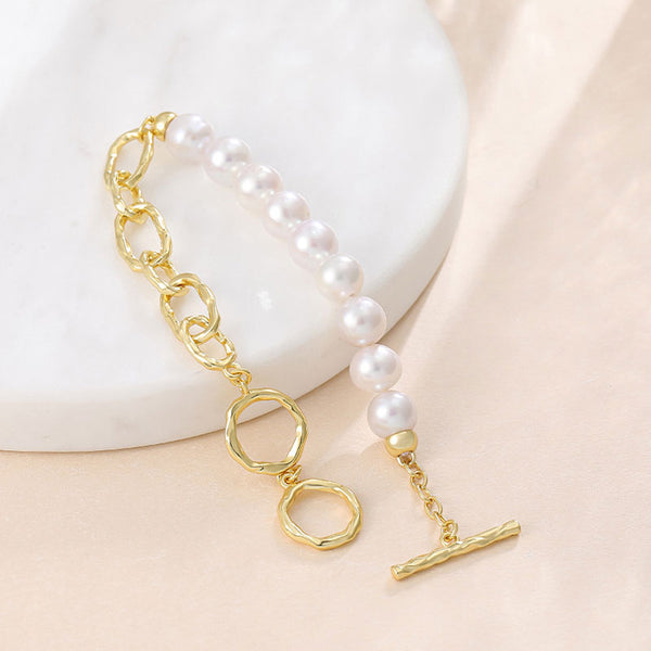 Baroque Freshwater Pearl Sterling Silver Half Paperclip Link Chain Bracelet
