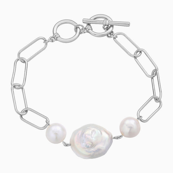 Baroque Freshwater Pearl Toggle Sterling Silver Paperclip Link Chain Bracelet