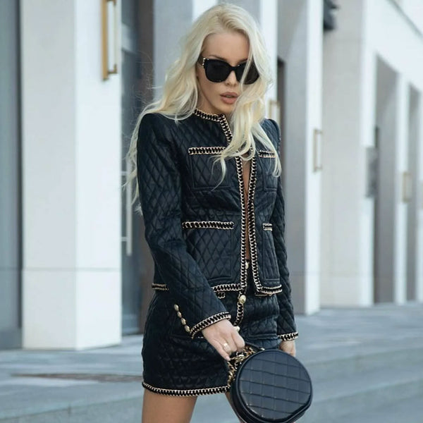Biker Winter Metallic Chain Button Trim Bodycon Vegan Leather
