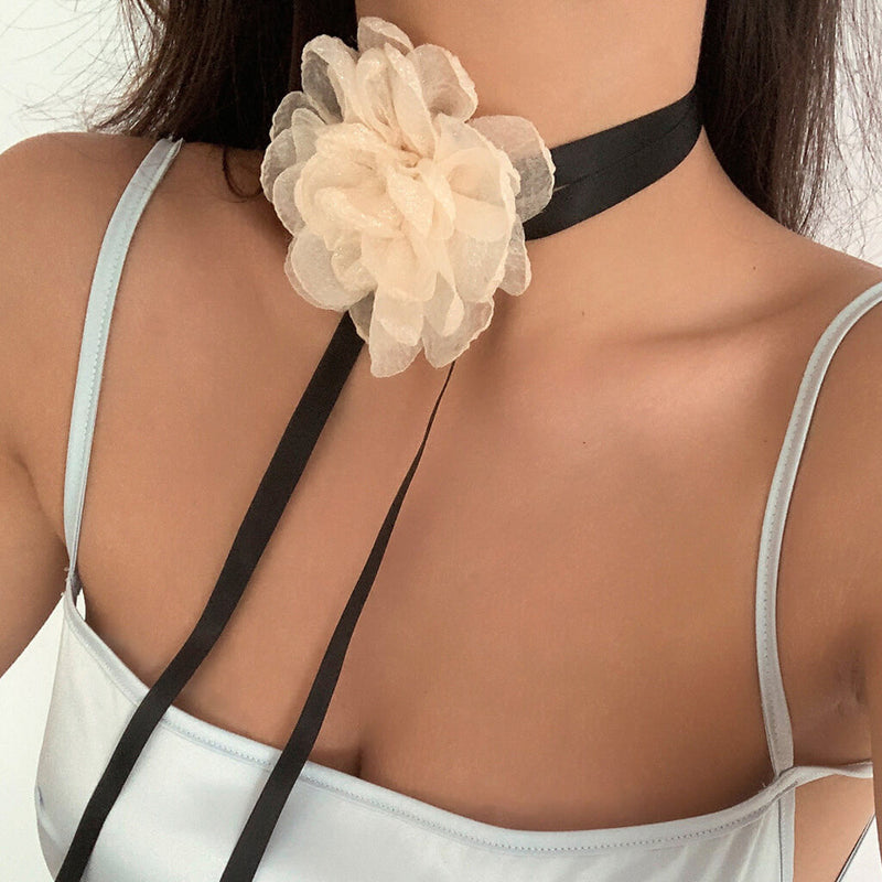 Blossom Dreams Mesh Big Rosette Silky Ribbon Tie Wrap Choker Necklace