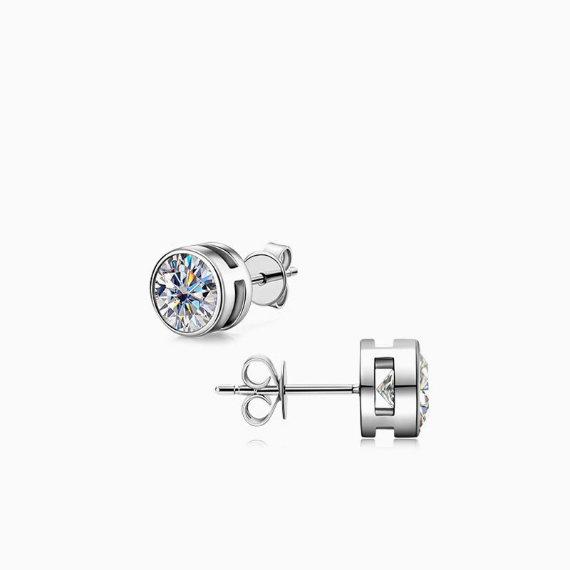 Classic Sterling Silver Round Bezel Set Moissanite Solitaire Stud Earrings