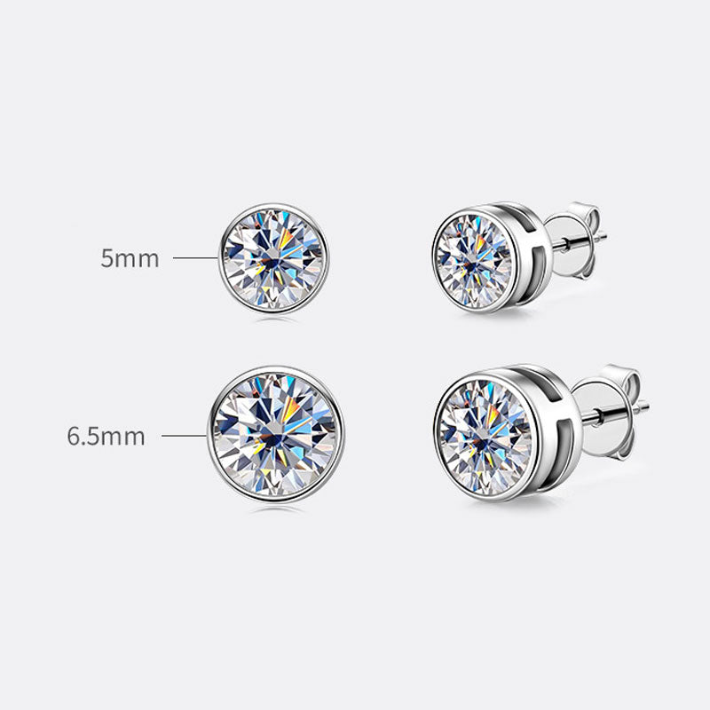 Classic Sterling Silver Round Bezel Set Moissanite Solitaire Stud Earrings