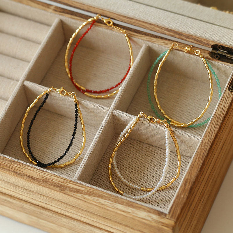 Cute 18K Gold Plated Double Line Colored Gemstone Beaded Bracelet
