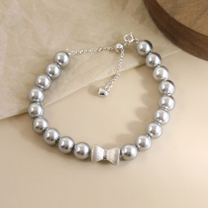 Cute Bow Knot Two Tone Bolo Slider Slider Sterling Crystal Pearl Bracelet