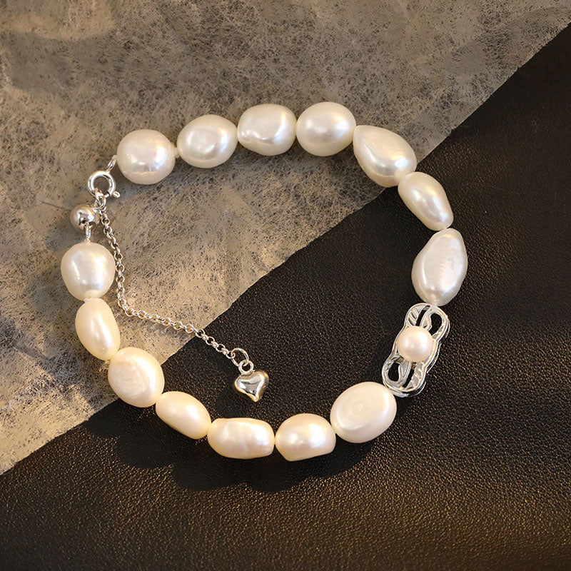 Cute Bow Knot Two Tone Bolo Slider Sterling Silver Baroque Pearl Bracelet
