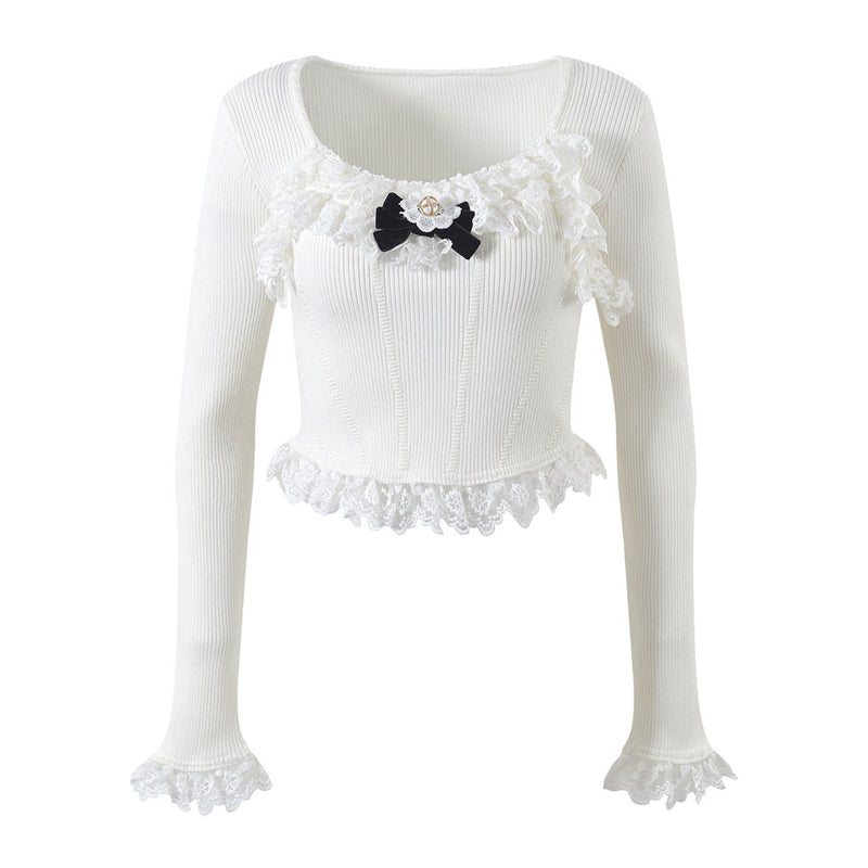 Cute Bow Trim Scoop Neck Lace Detail Long Sleeve Cropped Rib Knit Top