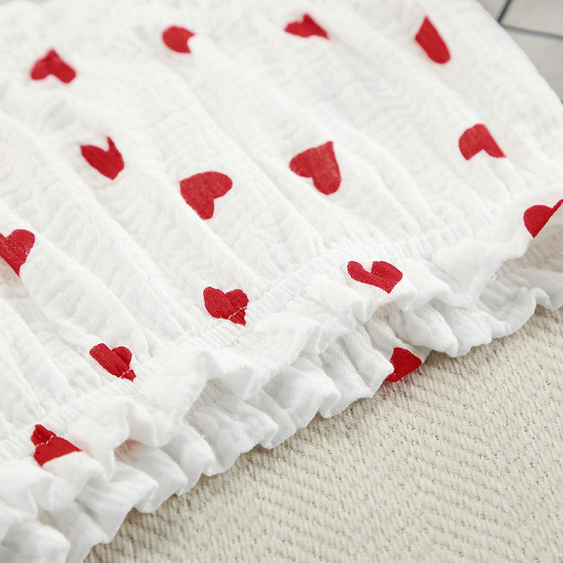 Cute Heart Printed Ruffled Tube Bra Top Button Up Cotton Gauze Lounge Set