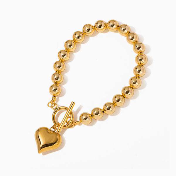 Daring 18K Gold Plated Puffy Love Charm Toggle Heart Beaded Bracelet