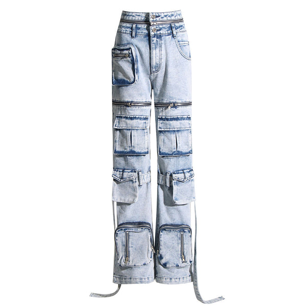 Deconstructed Zip Off Double Waist High Rise Straight Leg Cargo Jeans