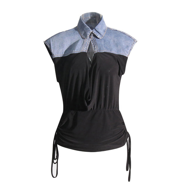 Diverse Button Collared Cutout Draped Ruched Tie Side Sleeveless Denim Hybrid Top