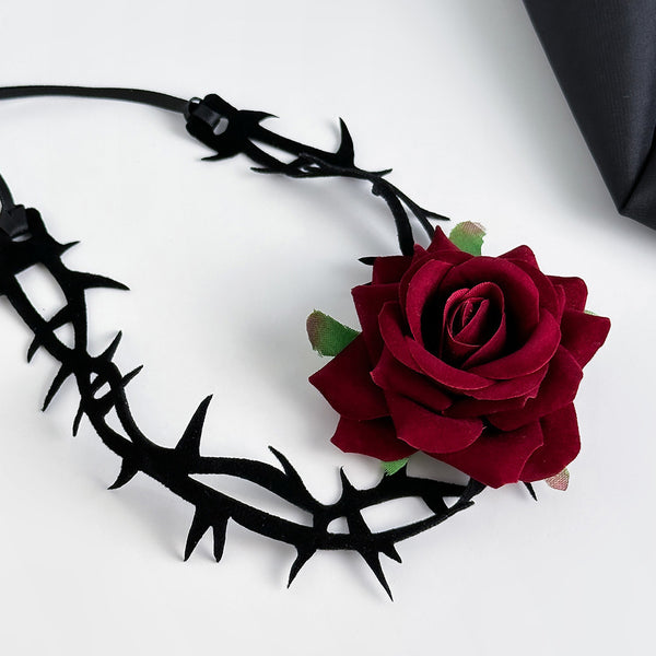 Dramatic Thorny Velvet Rosette Ribbon Drape Halloween Tie Wrap Necklace