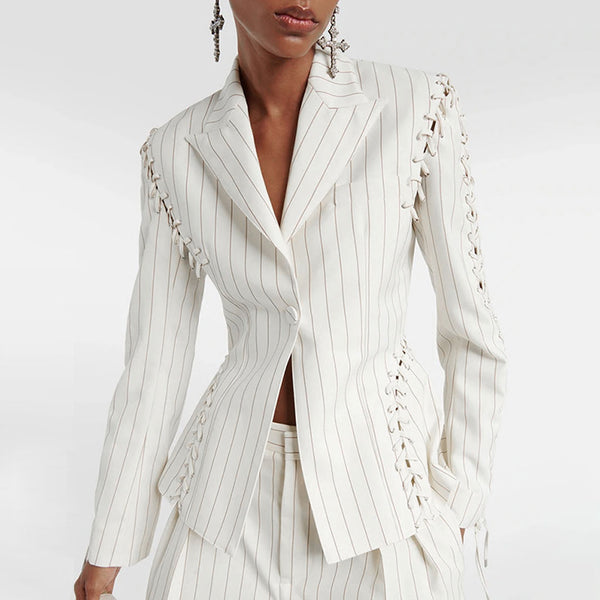 Edgy Lace Up Striped Print Lapel Collar Single Breasted Tailored Blazer