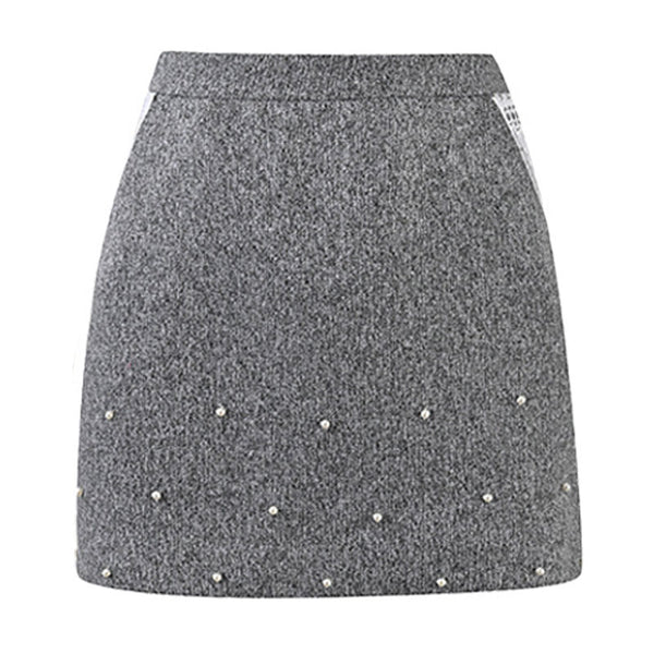 Elegant High Waist Lacey Trim Beaded Embellished Bodycon Wool Blend Mini Skirt