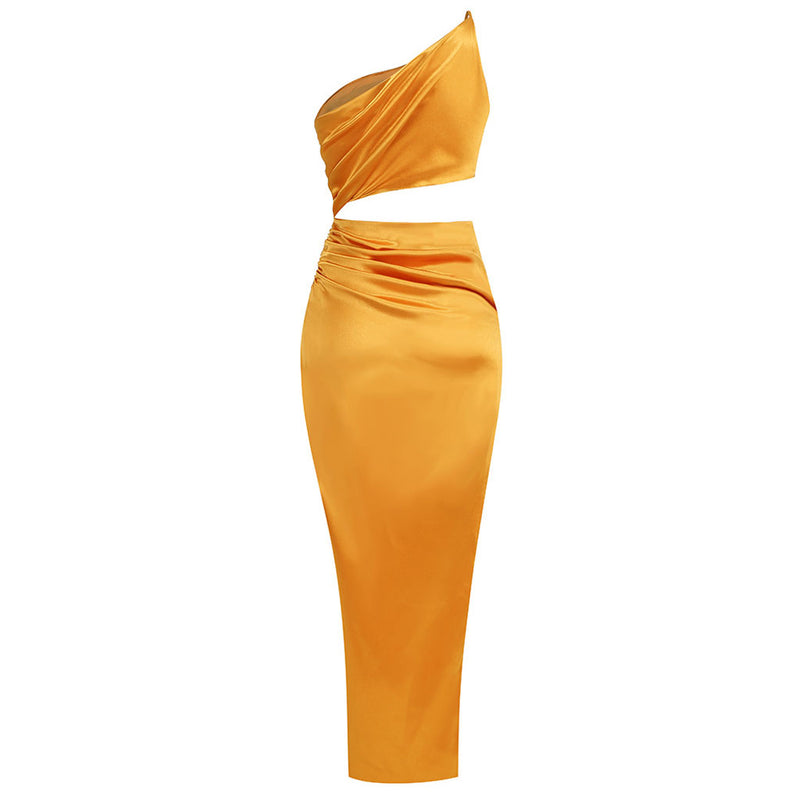 Elegant One Shoulder Cutout Split Thigh Ruched Satin Maxi Evening Dress
