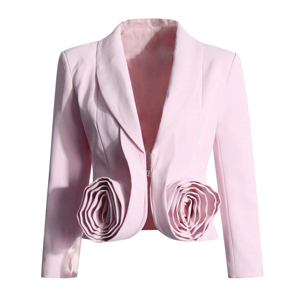 Elegant Shawl Collar Long Sleeve Rosette Trim Cropped Cinched Waist Blazer