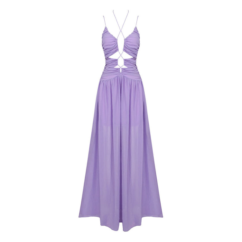 Ethereal Halter Cinched Neck Cutout Ruched Chiffon Sleeveless Maxi Evening Dress