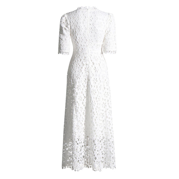 Feminine Lace Trim V Neck Half Sleeve Broderie Anglaise Fit and Flare Maxi Dress