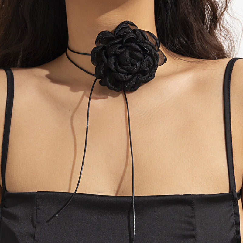 For You in Full Blossom Vintage Mesh 3D Flower Tie Wrap Choker Necklace