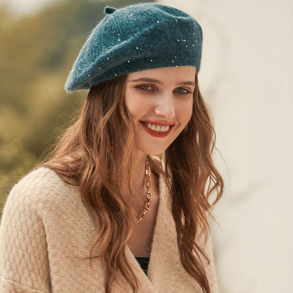French Style Sparkled Sequin Trim Warm Textured Knit Beret