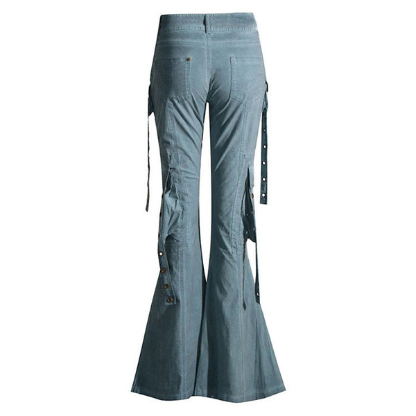 Gothic Low Rise Metallic Grommet Multi Cargo Pocket Flared Denim Jeans