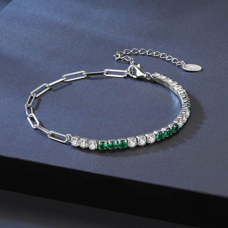 Green and White Cubic Zirconia Sterling Silver Paperclip Half Tennis Bracelet