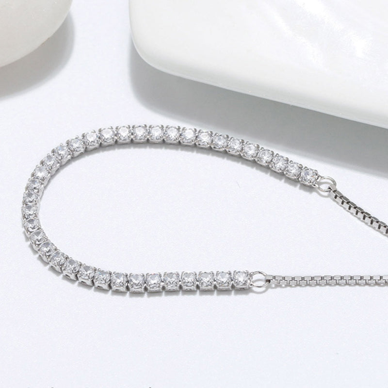 Iced Out Cubic Zirconia Sterling Silver Box Chain Slider Tennis Bracelet