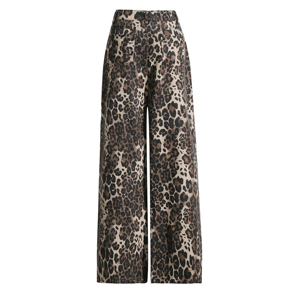 Jungle Leopard Print High Waist Wide Leg Slashed Cutout Denim Jeans