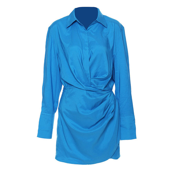 Lavish Collared V Neck Crystal Accent Long Sleeve Draped Waist Mini Shirt Dress