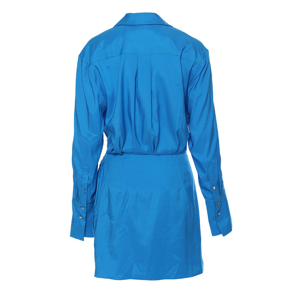 Lavish Collared V Neck Crystal Accent Long Sleeve Draped Waist Mini Shirt Dress