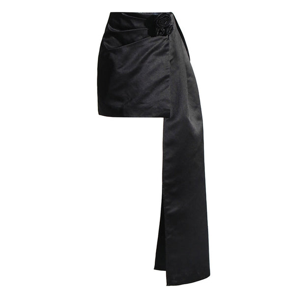 Lavish High Waisted Pleated Rosette Applique Draped Satin Bodycon Mini Skirt