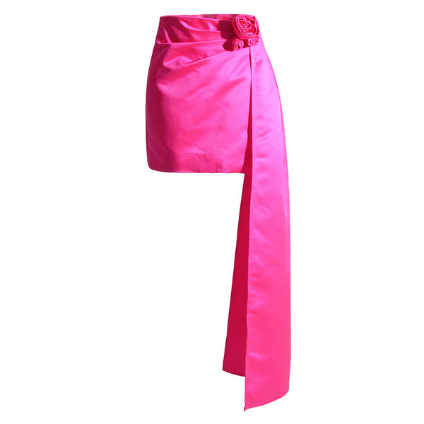 Lavish High Waisted Pleated Rosette Applique Draped Satin Bodycon Mini Skirt