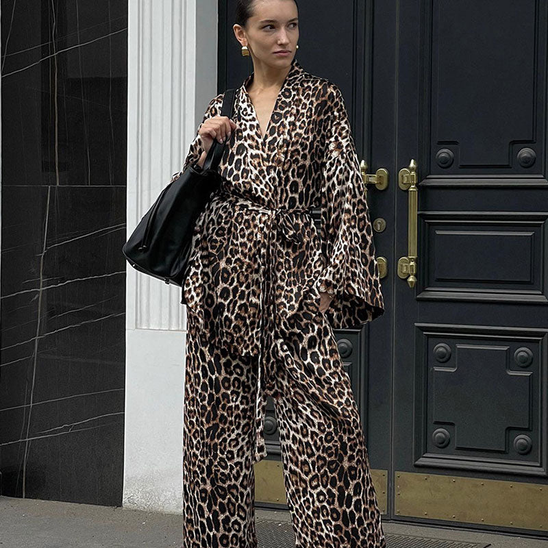 Leisure Leopard Printed Bell Sleeve Wrap Robe Wide Leg Pants Lounge Set