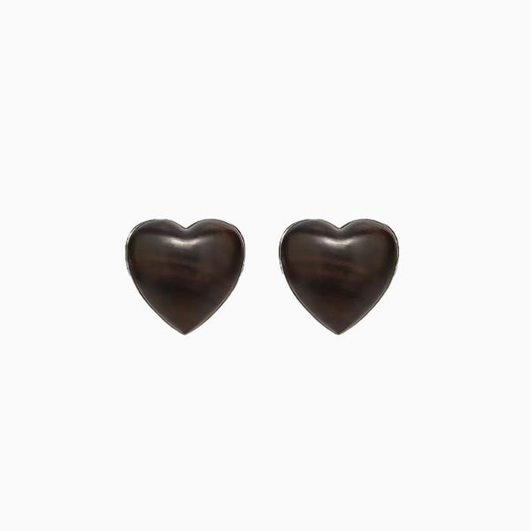 LOVE IS AROUND Enlarged Sandalwood Heart Rhodium Plated Stud Earrings